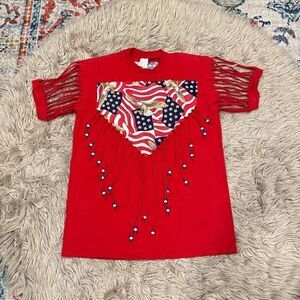 Handmade vintage fringe and beads American flag USA t-shirt large
